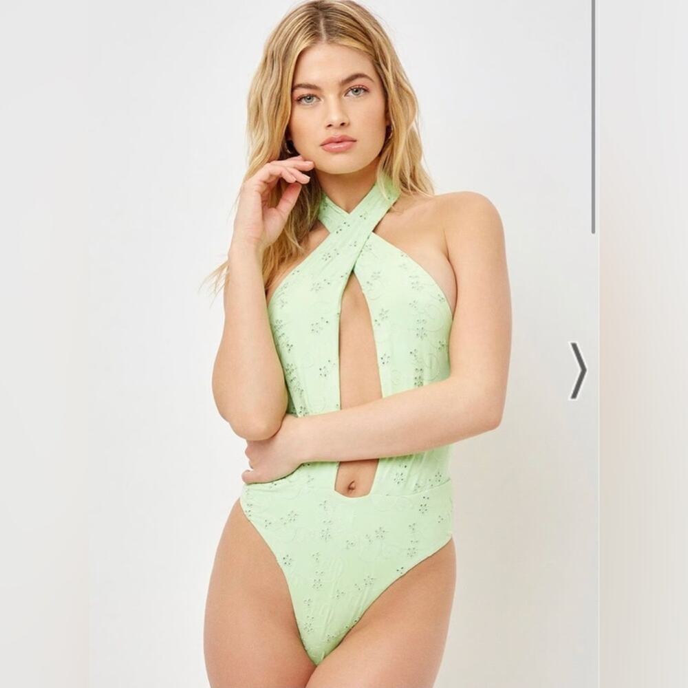 Frankie's Bikinis Roma Light Green Halter One Piece Swimsuit